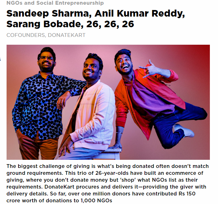THubHyd's tweet image. Congratulations Anil Kumar Reddy, Sandeep Sharma and Sarang Bobade on making it to the #ForbesIndia30U30 list. 

Glad to see our #Lab32 #entrepreneurs redefining how we support social causes today with @donatekart.

#StartupSpotlight @ForbesIndia 

#InnovationEcosystem