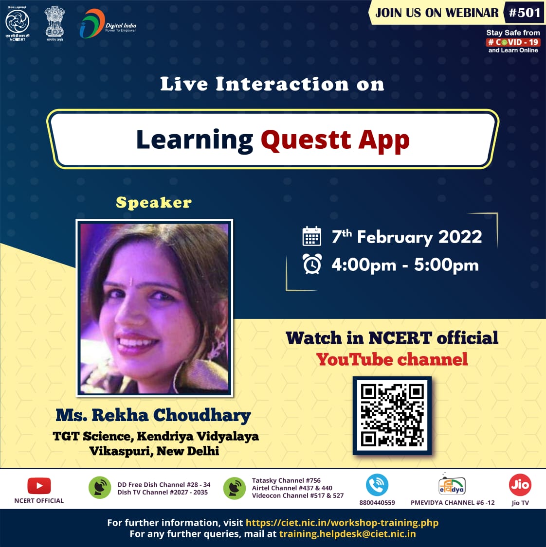 ncert's tweet photo. Fight #COVID__19: #StaySafe, and #PracticeSocialDistancing.
Learn #ICT tools by joining #Webinar on ICTs in Education from 4.00pm to 5.00pm conducted by #CIET - #NCERT
For further information visit, https://t.co/UreOV2NOnG https://t.co/D0K6XUwWWu