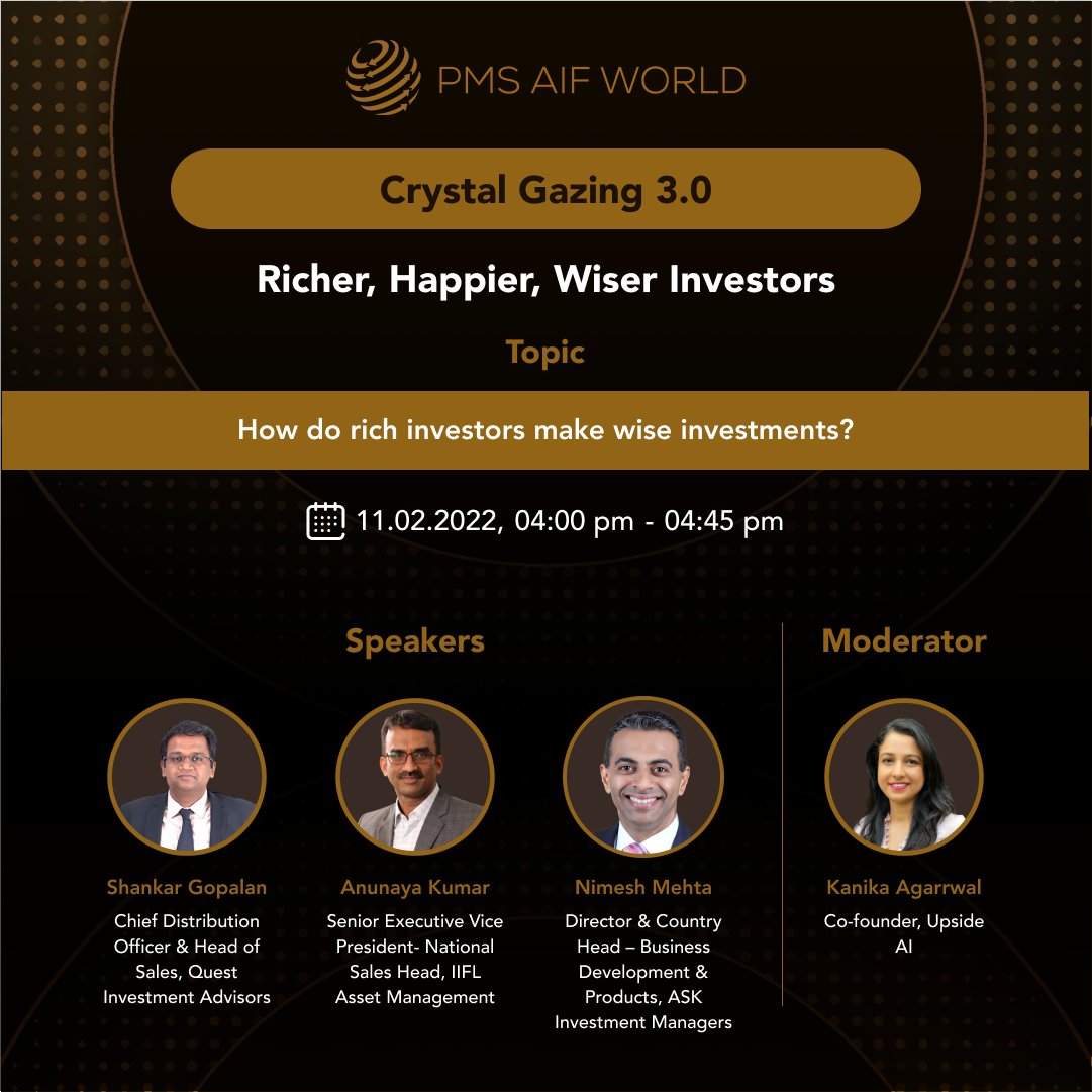 PMS_AIF_World's tweet photo. PMS AIF World's 3rd Annual Summit &amp; Awards, Crystal Gazing 3.0: Richer, Happier, Wiser Investors.

To register, click:
https://t.co/zdzntGVkXg

@ASK_WM | @Quest_Invest | @IIFLWEALTH | @IIFLAMC | @kanika_agarrwal | @Upside_AI

#finance #wealth #online #economy #investor #bullish https://t.co/P3XhqDObjv