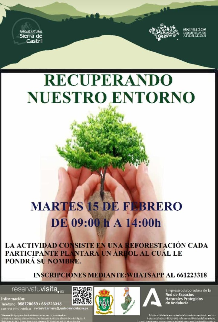 #ParqueNaturalSierraDeCastril
 #Granada #ComarcadeHuescar
 
#Actividad de Reforestacion de Montes 🌲🌲🌲🏞️

🟢RECUPERANDO NUESTRO ENTORNO

➡️Organizado por Centro Visitantes #PNSierradeCastril y <a href="/AytoCastril/">Ayuntamiento de Castril</a>

📅 15 de FEB.
⌚09:00h
📝Inscripciones
WhatsApp +34 661 22 33 18