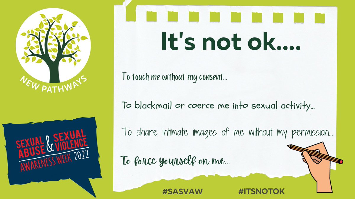 Today is the first day of Sexual Abuse and Sexual Violence Awareness Week, raising awareness that #ITISNOTOK.
If you have been affected by sexual violence, or think you have, please don't hesitate to get in touch: newpathways.org.uk/for-you/
#SASVAW #sexualviolence @itsnotok2022