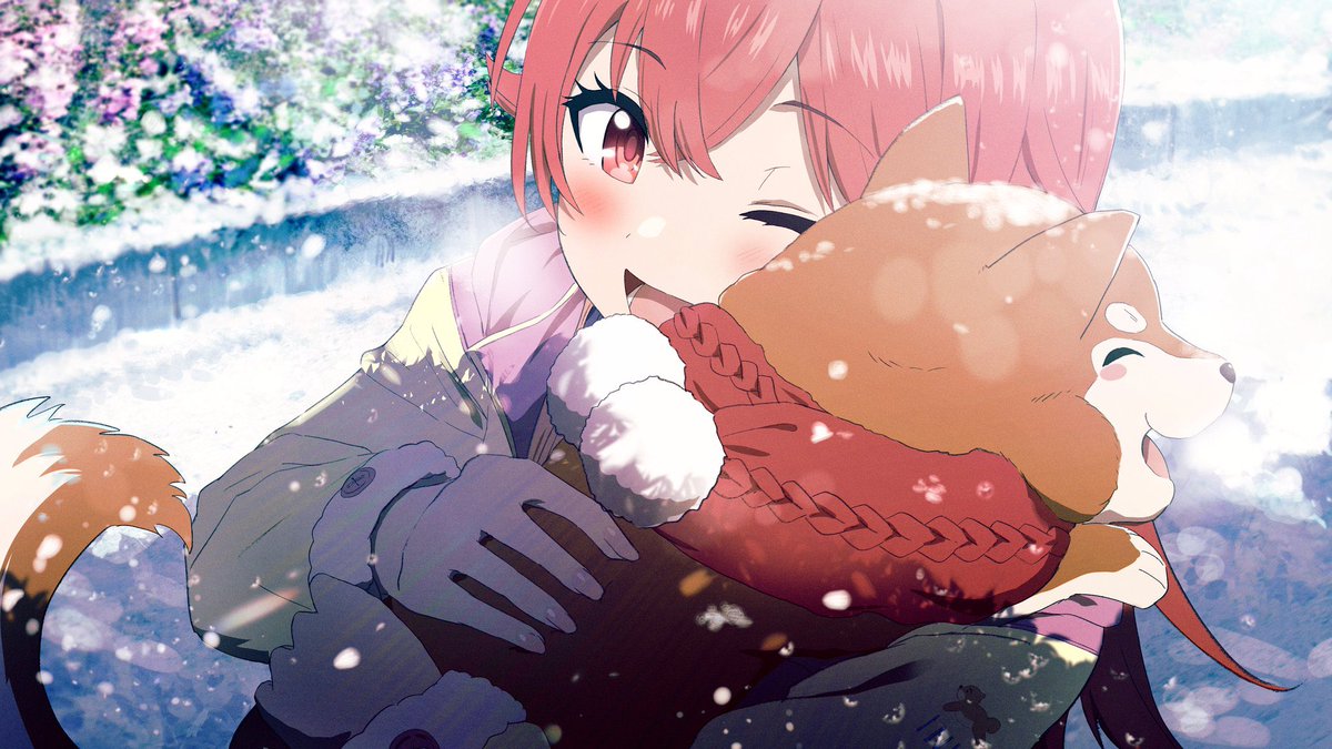 1girl dog one eye closed snow red hair smile red eyes  illustration images