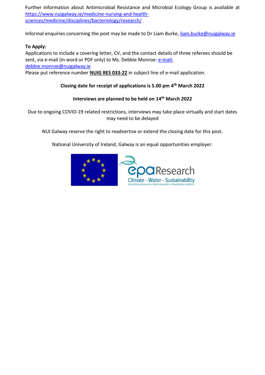Liam Burke (@liam_p_burke) on Twitter photo 📢#PostDoc job alert!
We are looking for someone with expertise in #qPCR and #LAMP to develop assays for environmental detection of #VTEC #STEC
2 yr post on the new <a href="/EPAResearchNews/">EPA Research News</a> #DERIVE project <a href="/arme_morris/">ARME Group - Morris Lab</a> lab in Galway!
Please RT!
tinyurl.com/mrtnewr2 📢#PostDoc job alert!
We are looking for someone with expertise in #qPCR and #LAMP to develop assays for environmental detection of #VTEC #STEC
2 yr post on the new <a href="/EPAResearchNews/">EPA Research News</a> #DERIVE project <a href="/arme_morris/">ARME Group - Morris Lab</a> lab in Galway!
Please RT!
tinyurl.com/mrtnewr2