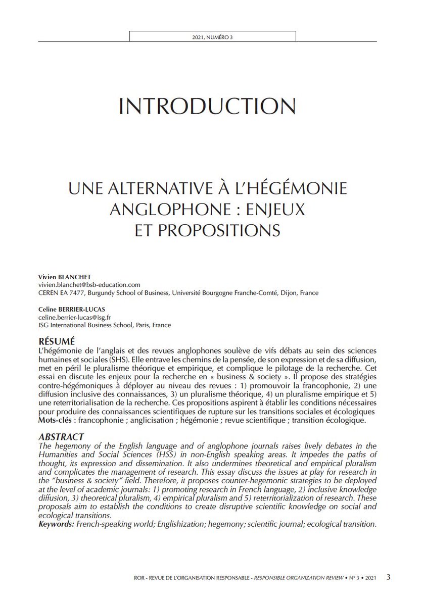 [New Paper] « Une alternative à l’hégémonie anglophone:enjeux et propositions »<a href="/ror_revue/">ROR</a> avec Vivien Blanchet <a href="/BurgundySB/">BSB - Burgundy School of Business</a> nous discutons de la généralisation de la langue anglaise au sein des #SHS et des enjeux pour B&amp;S ➡️ cairn.info/revue-de-l-org… ⤵️