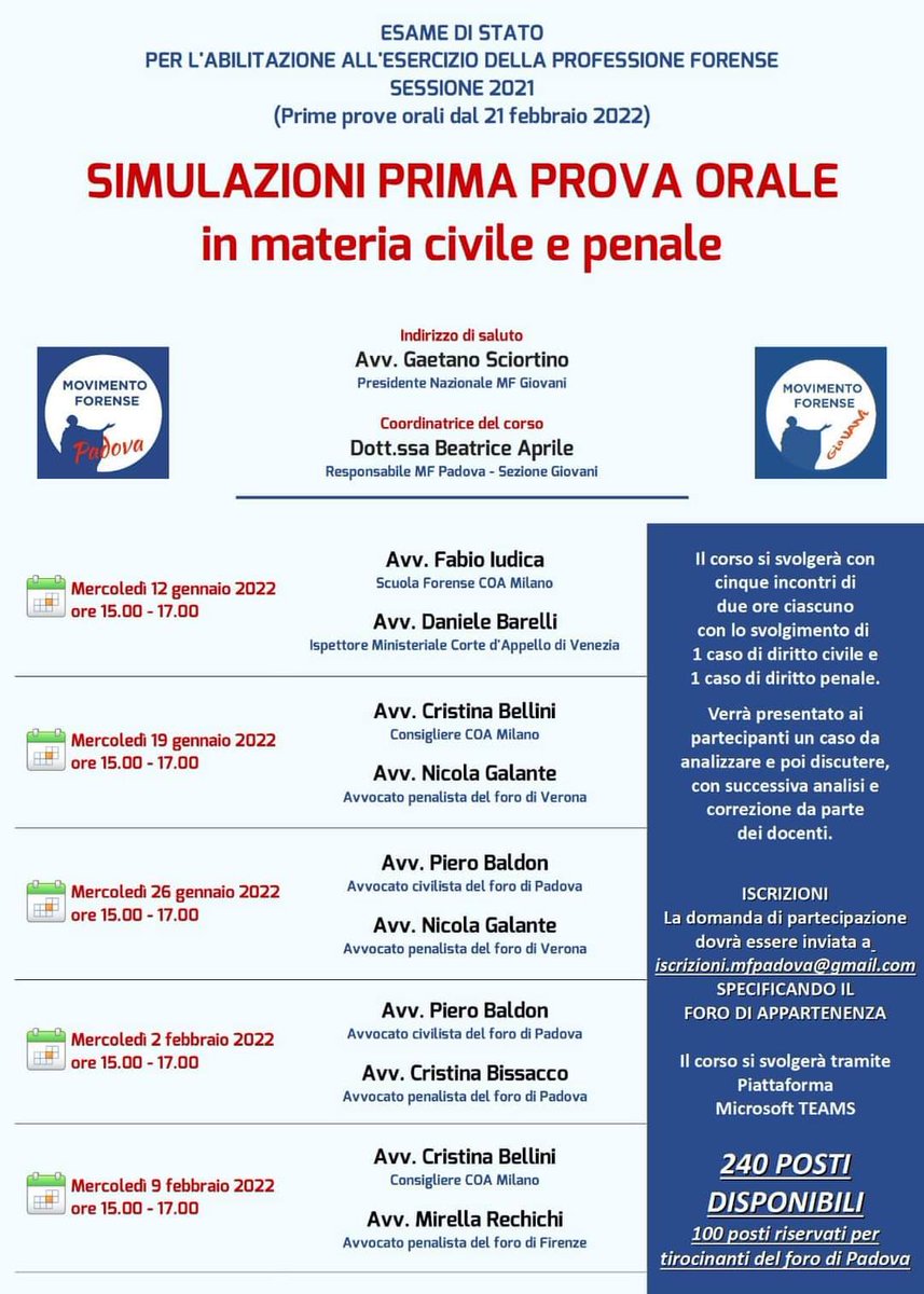 Movimento Forense #webinar #Padova il 9.2.2022 alle ore 15:00-17:00 ultimo incontro “SIMULAZIONI PRIMA PROVA ORALE IN MATERIA CIVILE E PENALE“ <a href="/alalumia/">Nino La Lumia</a> 
<a href="/MCesali/">Massimiliano Cesali</a> <a href="/radiotribunale/">RadioTribunale</a> <a href="/MovforensePD/">MF Padova</a> <a href="/Avv_E_Ferraro/">Avv. Edoardo Ferraro</a>