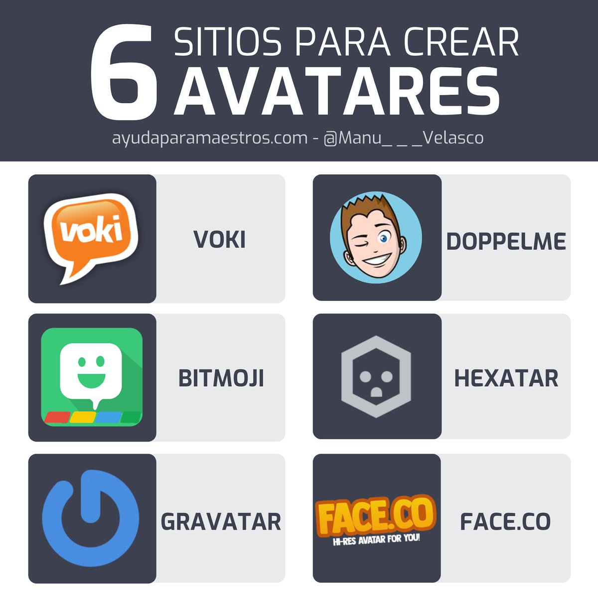 AyudaMaestros's tweet image. 6 sitios para crear avatares. 👉 ayudaparamaestros.com/2020/09/6-siti… Por @Manu___Velasco
