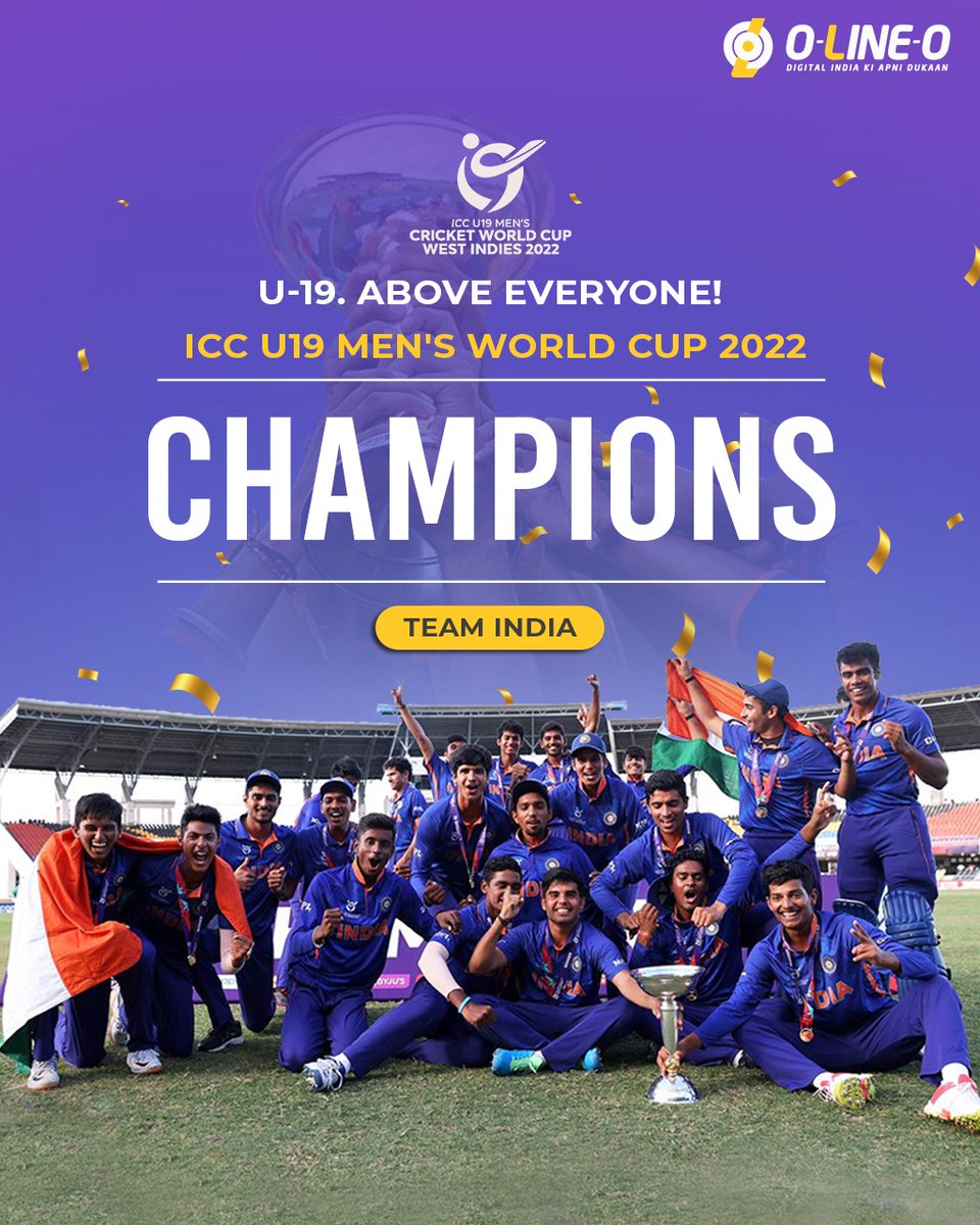 OLineOIndia's tweet photo. And India lifts the Under-19 Cricket World Cup 2022.
Congratulations to India U-19 cricket team on your jubilant victory against England.
#BleedBlue! 🇮🇳
#Under19WorldCup2022 https://t.co/cNPEwHZEbs