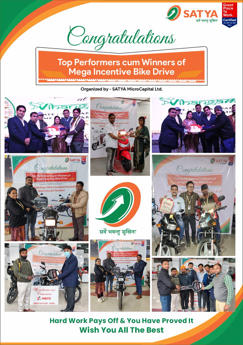 SatyaMicro's tweet photo. A big congratulations to the Top Performers cum Winners of Mega Incentive Bike Drive. Bravos to them for their determination and hard work.

#MegaIncentive #EmployeeReward #Recongnition #Winner #Appreciation #MFI #Microfinance #NBFC #Microloans #SATYAMicroCapitalLtd https://t.co/2UfNuVvAae
