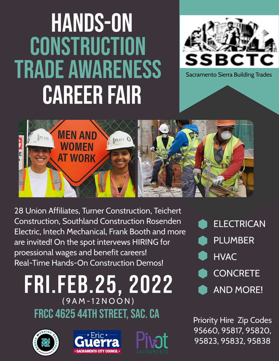 We are hosting a #career fair for those interested in joining the #construction industry. Multiple #union and Construction industry leaders will be on site. Join us Friday Feb. 25 at 4625 44th Street, Sacramento, CA starting at 9am