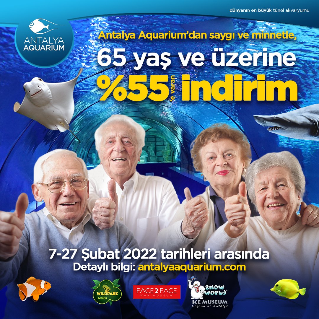 Antalya Aquarium'dan saygı ve minnetle, 65 Yaş ve üzeri tüm ziyaretçilerimize %55'e varan indirim!
65 yaş ve üzeri torunuyla gelen büyüklerimizin torunlarına da (3-12 yaşa kadar)  %55e varan indirim uygulanır.
Detaylı bilgi antalyaaquarium.com da.
Hayal gücünüzü keşfedin 🐟🐠