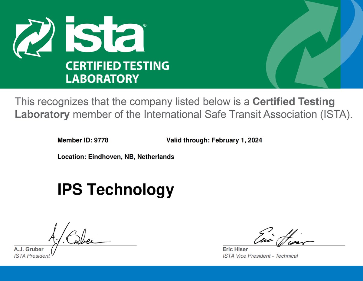 IPS_Technology's tweet image. Wilt u weten of u uw producten onbeschadigd hun eindbestemming kunnen bereiken? 
In ons testcentrum kunnen wij verpakkingen conform de meest strenge normeringen testen. We zijn hiervoor wederom conform de International Safe Transit Association (ISTA) gecertificeerd.