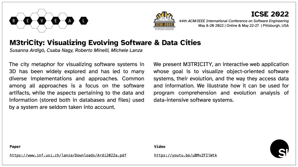 REVEAL (@usireveal) on Twitter photo 📣
"M3triCity: Visualizing Evolving Software & Data Cities" by <a href="/SusannaArdigo/">Susanna Ardigò</a> <a href="/ncsaba_/">Csaba Nagy</a> <a href="/robertominelli/">Roberto Minelli</a> <a href="/lanzamichele/">Michele Lanza</a> accepted at <a href="/ICSEconf/">ICSE</a>
📄
inf.usi.ch/lanza/Download…
📽️
youtube.com/watch?v=uBMvZF… 📣
"M3triCity: Visualizing Evolving Software & Data Cities" by <a href="/SusannaArdigo/">Susanna Ardigò</a> <a href="/ncsaba_/">Csaba Nagy</a> <a href="/robertominelli/">Roberto Minelli</a> <a href="/lanzamichele/">Michele Lanza</a> accepted at <a href="/ICSEconf/">ICSE</a>
📄
inf.usi.ch/lanza/Download…
📽️
youtube.com/watch?v=uBMvZF…
