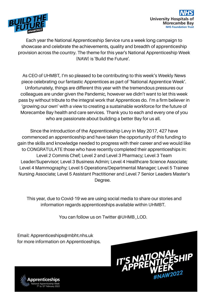 UHMB_LOD's tweet photo. Welcome to National Apprentice Week 2022 @aaroncumminsNHS @UHMB_LOD @UHMBT  #NAW2022 #BuildTheFuture https://t.co/5wpd0UWGcw