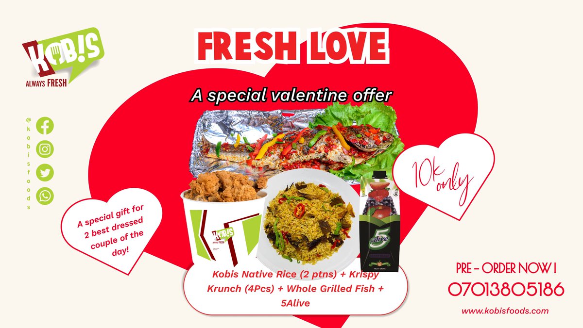 KobisFoods's tweet photo. FRESH LOVE 💗 

Order our amazing valentine combo deal for your loved ones, friends and families.

Love is in the air!

Available everywhere in Lagos. 
T&amp;C applies.
#freshvalentine #alwaysfresh #kobis https://t.co/cu7OOkPdCW