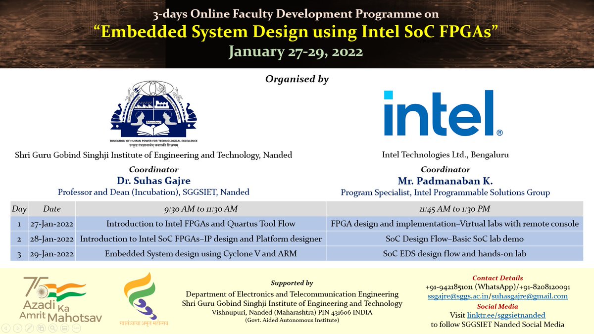 sggsietnanded's tweet image. We thank expert speakers Mr. Israr Sheikh, Mr. Padmanaban K., @Intel, @IntelIndia, participants, and all those who have helped during the FDP.
#EmbeddedSystemDesign
#FPGA
#SoC
#Intel
#SGGSIET
//