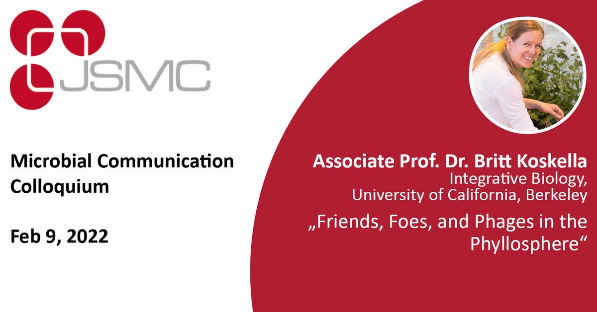 JSMC_Info's tweet image. For our last #MiCoCo for the winter semester @bkoskella from the Department of Integrative Biology, University of California, Berkeley USA will talk about &quot;Friends, Foes, and Phages in the Phyllosphere&quot;.
🗓️Feb 9 🕓4 pm
➡️jsmc-phd.de/event-calendar…