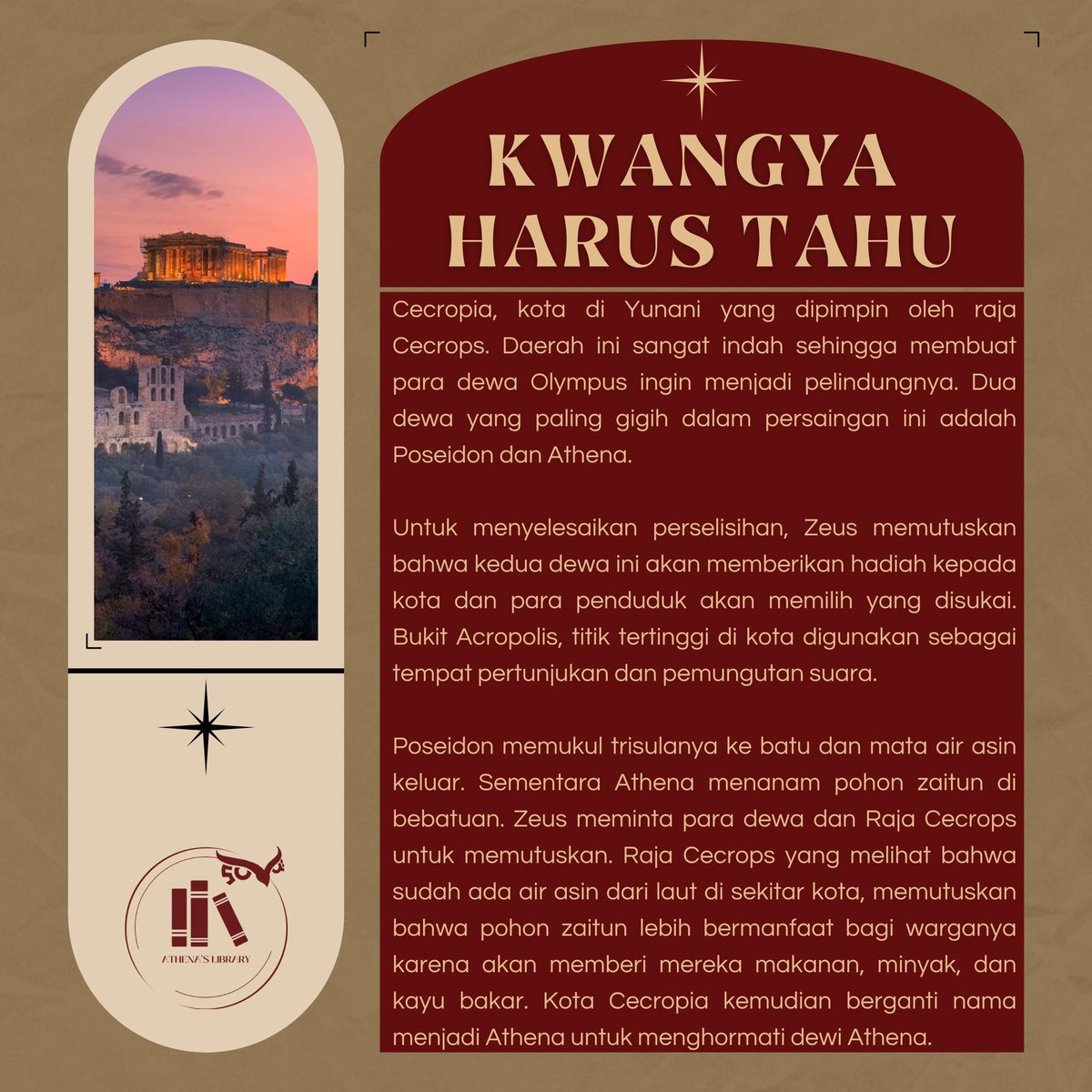 libraryofathena's tweet photo. Demigods, kalian mungkin sudah tahu kota Athena dikenal dengan julukan "Kota Para Dewa". Tapi, tahukah kamu mengapa nama Dewi Athena yang dijadikan nama kota tersebut?π§
Yuk simak jawabannya di #KwangyaHarusTahu hari ini!π«β¨
#MonthOfAthena
#FunFactLibthen
#WeFearNothingButMom https://t.co/WG4pO6PrZL