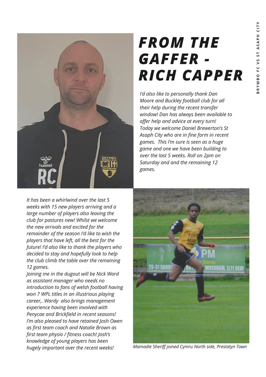 BrymboFC's tweet photo. @capper07 very first pre match #FromTheGaffer programme report ahead of today's meeting with @StAsaphFC
#Welcome https://t.co/YRyhtWnBat
