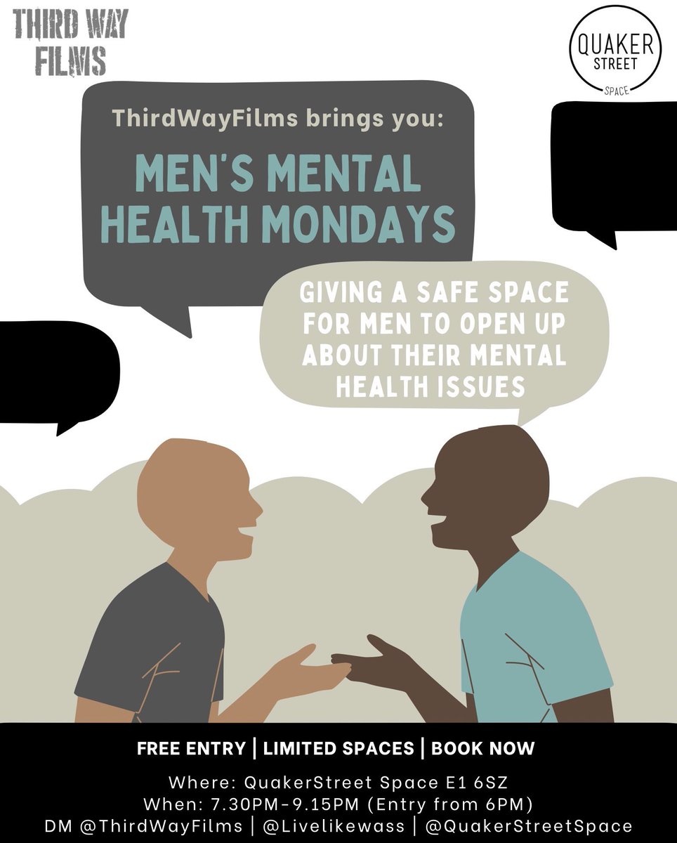 This Monday (7th Feb)

@LiveLikeWass + <a href="/ThirdWayFilms/">Third Way Films</a> are hosting a talk. A safe space to highlight male mental health with #QuakerStreetSpace. With an emphasis on mental health from men who reside in Tower Hamlets. 

(1/2)
