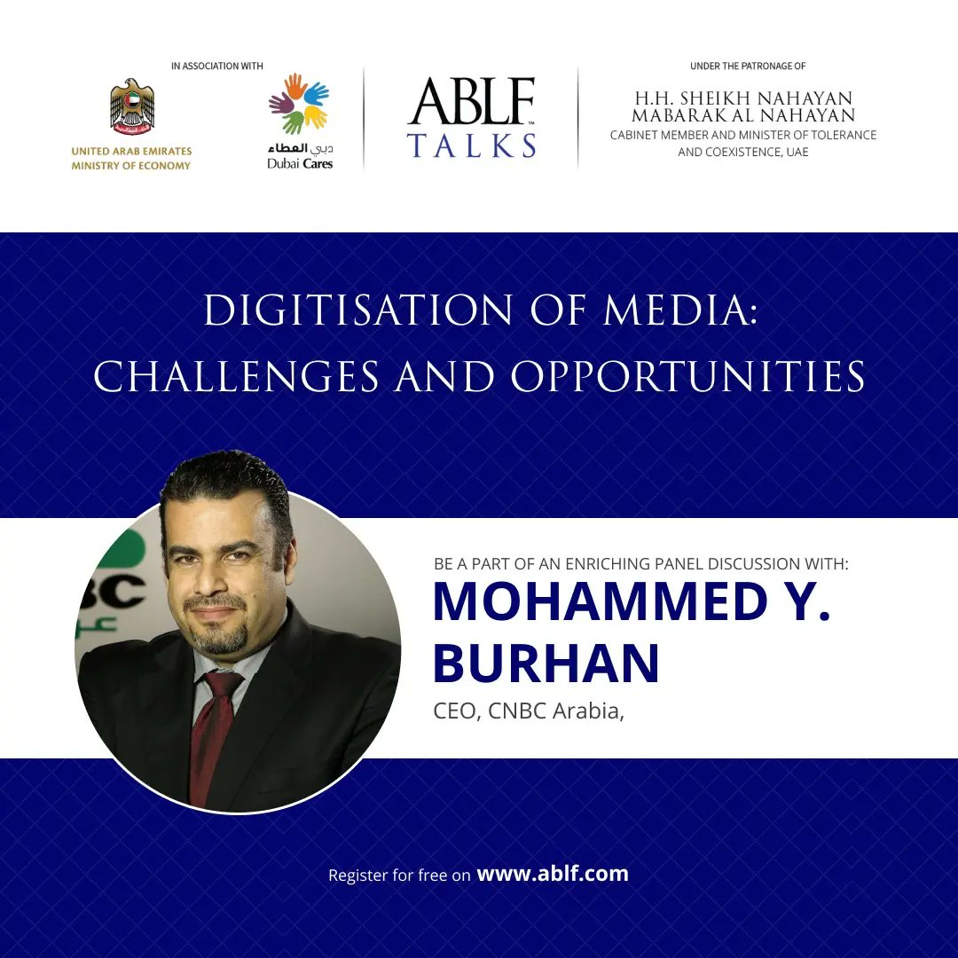 ablf's tweet photo. This February 8th, at 2pm (GMT+4), join us virtually at the ABLF City to discuss a range of issues from Technology to Economic recovery to Media sector challenges. Industry veterans from IBM,CNBC Arabia, Khaleej Times, Zee Network, and Zand share their views.

#ablftalks #leaders https://t.co/YfPsOmBpKW