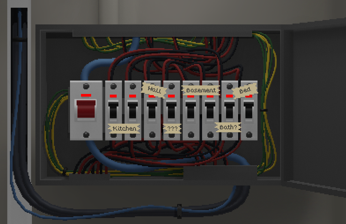 Jazzed up the fuse box with some labels! #PantsQuest #ScreenshotSaturday #indiedev #Steam #pixelart