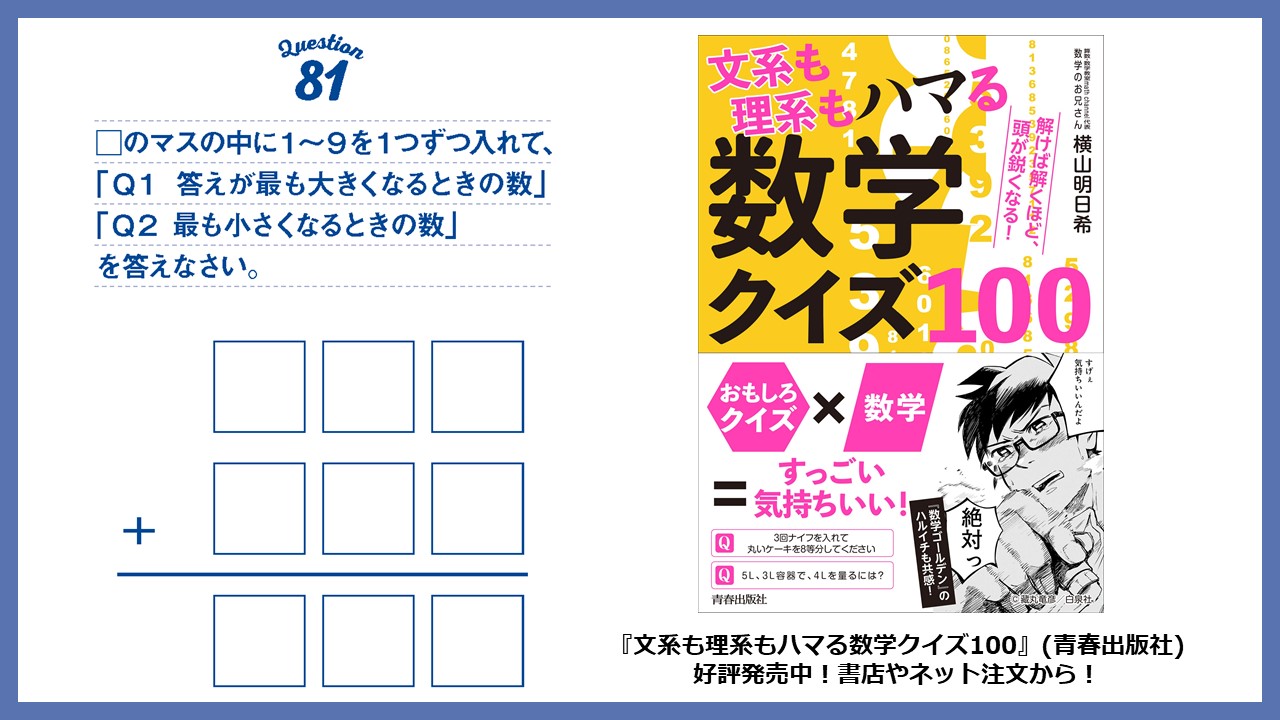 横山 明日希 数学クイズ の中に1から9を1つずつ入れてできる最大と最初の答えは 地味に大変 でも見つけた時には爽快感アリ 面白い問題だと思ったら拡散して下さいませ 昨年4月発売の 数学クイズ100 が好評につき多くの書店で再展開頂いている