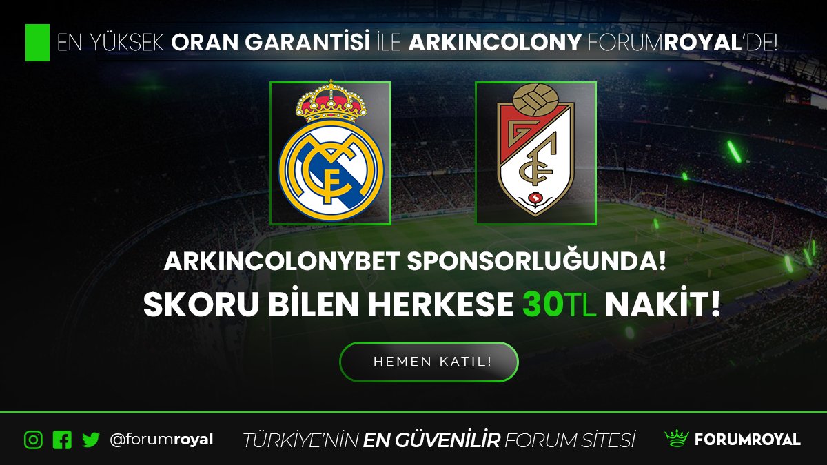 🪅 #FORUMROYAL &amp; #ARKINCOLONYBET

💰30 TL NAKİT SKOR ETKİNLİĞİ
⚽️REAL MADRİD - GRANADA

⏩SON İŞLEM ŞARTSIZ
⏩YATIRIM VE ÇEVRİM ŞARTSIZ

🤓FORUMROYAL'DE ETKİNLİĞE KATIL!

🕊 Twitter Takip Et
🔄RT+FAV Yap
💁‍♂️5 Ark Etiket

⏩Katılım👉bit.ly/3uoypyp