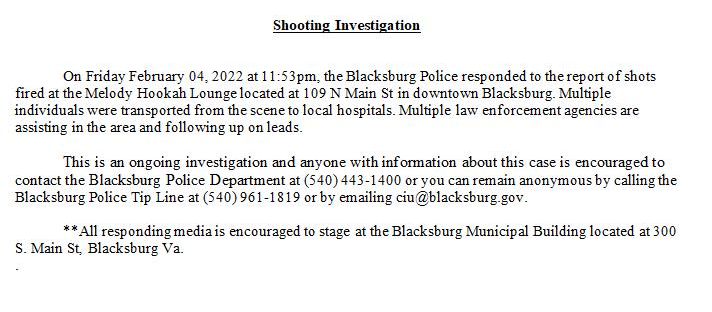 LoganSherrillTV's tweet photo. #BREAKING 
#Blacksburg police say multiple people were transported to local hospitals after a shooting at Melody Hookah Lounge.
No word on suspect(s)

#Virginia Tech https://t.co/znNF8XUW7L