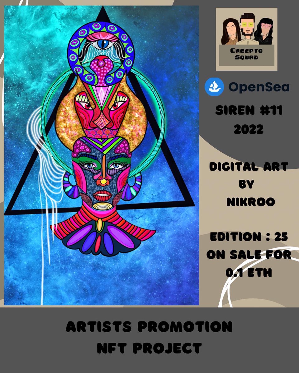 creeptosquad's tweet photo. Siren #11 - 2022
Digital #nft #art by @NikrooForootan 
#creeptosquad 
The #nft is now on sale on @opensea #openseanft 
Type : digital Art
Edition : 25
Price : 0.1 ETH
Link  :https://t.co/wLKHR7tWdx
#nftart #opensea #nftartist #nftcreator #nftartists #NFTCommunity #digitalart https://t.co/5d634pHunR