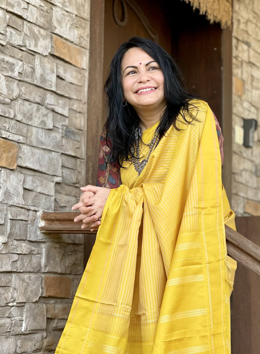 ShefVaidya's tweet photo. शुभ बसंत पंचमी! Yellow is the colour of joy, of new beginnings, of spring, sunshine and serenity. Did my pooja wearing this stunning yellow #arni saree from Tamil Nadu, from the looms of @GO2Peak, my young weaver-entrepreneur friend from Arni. It was his gift to me on his wedding https://t.co/3jK664Wc48