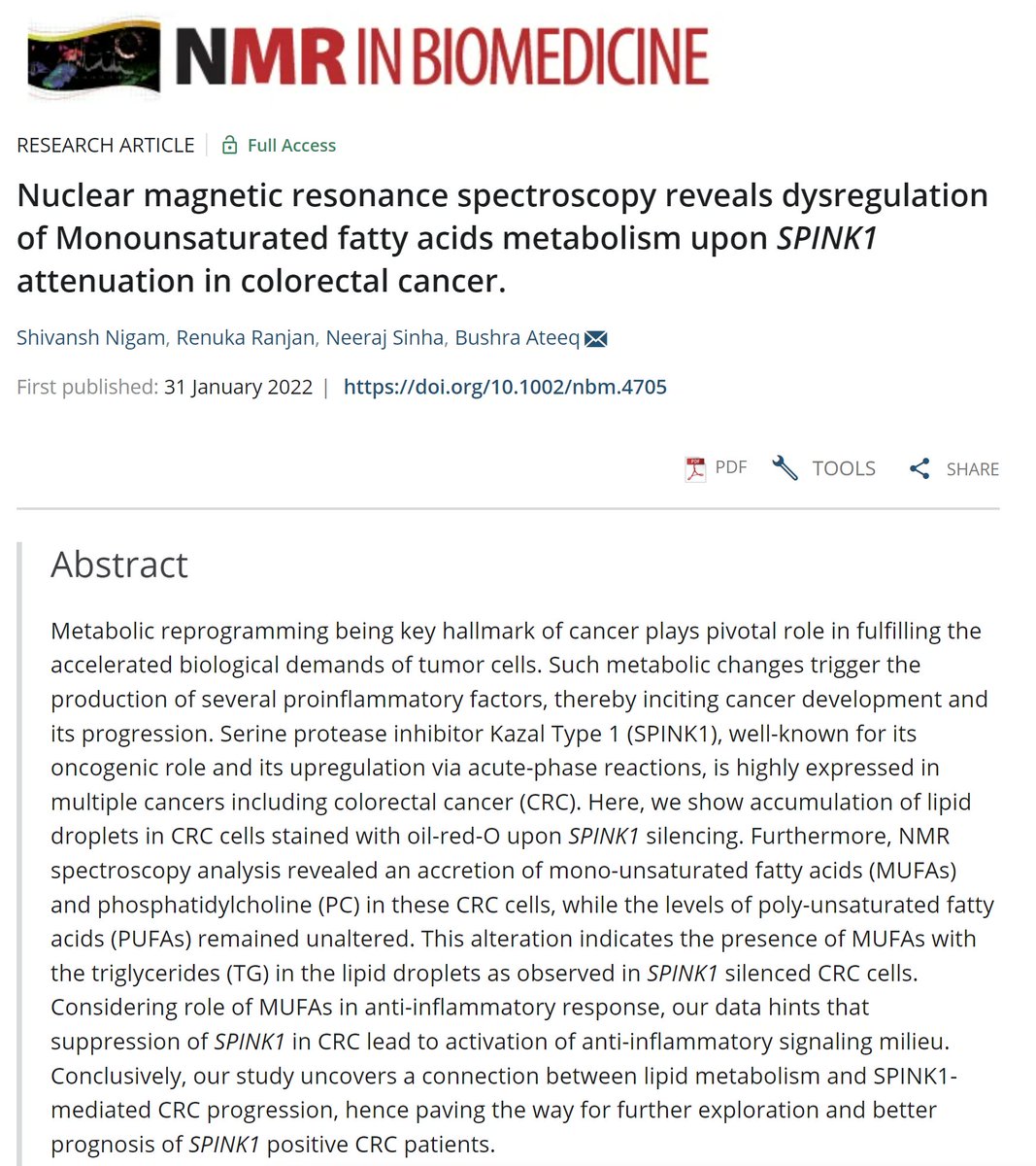 A new study from our group showed an important link between lipid dysregulation and CRC. We show ablating SPINK1 in CRC results in increased MUFA and possible activation of anti-inflammatory signaling milieu. Congratulations to Shivansh Nigam and coauthors #colorectalcancer #NMR