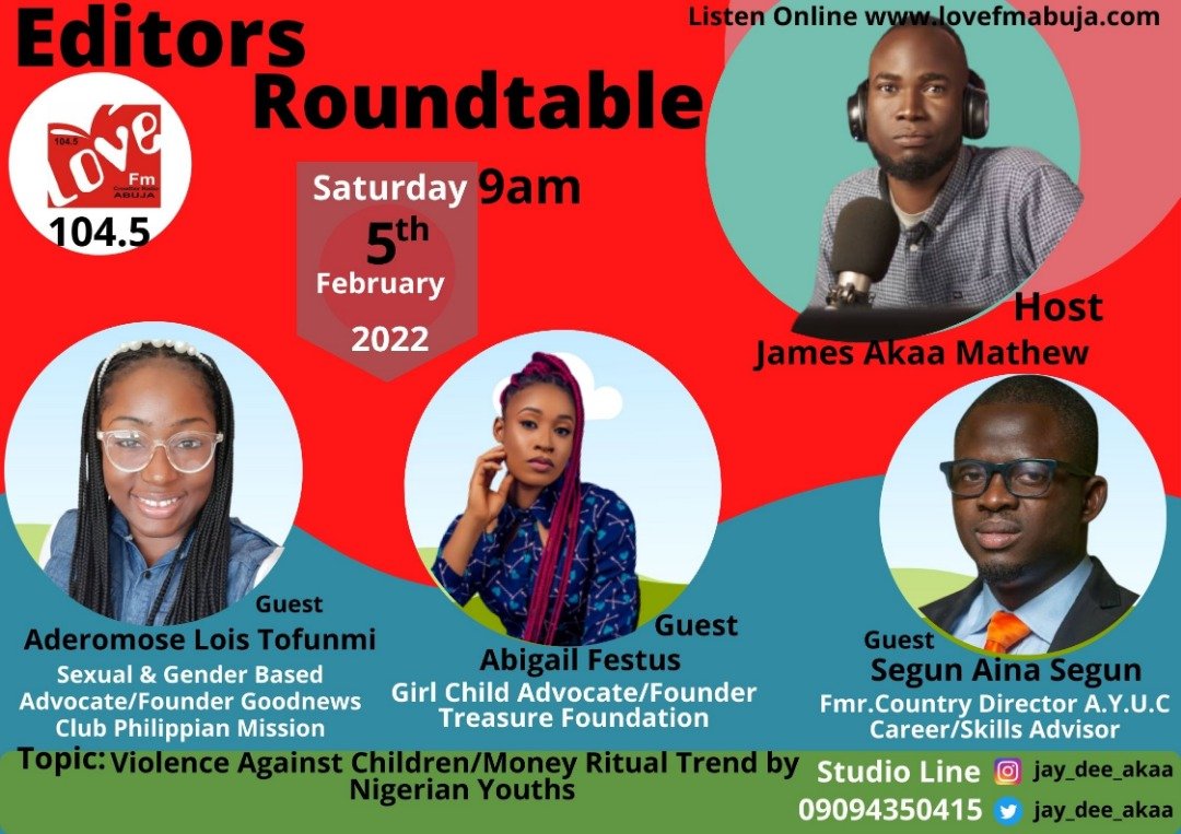 jay_dee_akaa's tweet photo. 📻Join Editors Roundtable On @love1045fm by 9am, as we critically analyse Violence Against Children &amp; also talk about the recent menace/trend of money ritual by Nigerian Youths. #DontMissOut!! #ListenOnline: https://t.co/zLq9htR7VD 🌐🌐 #StudioLine: 09094350415☎️☎️ https://t.co/cW5F9n2TYf