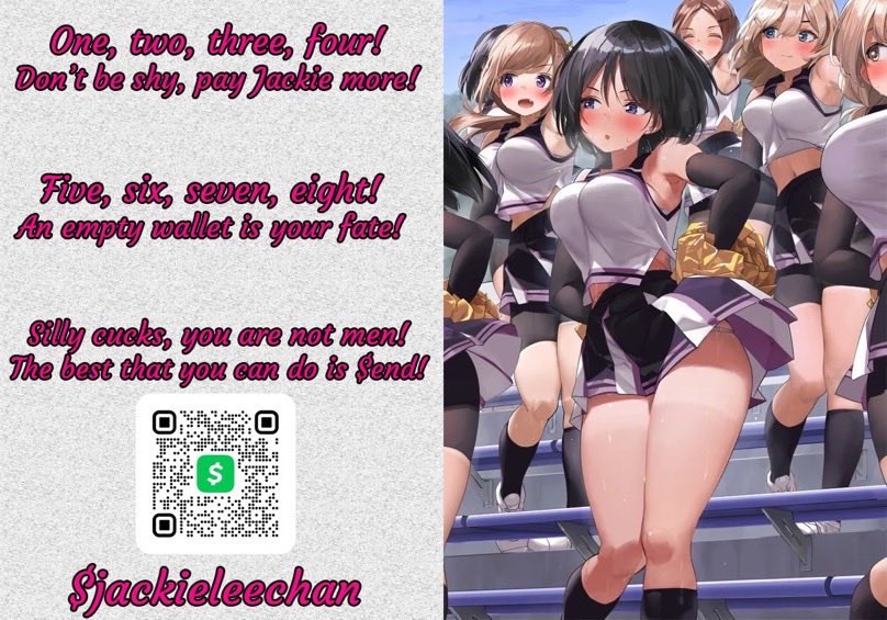 Jackieleechan3's tweet photo. โOne, two, three, four!
Donโt be shy, pay Jackie more!
Five, six, seven, eight!
An empty wallet is your fate!
Silly cucks, you are not men!
The best that you can do is $end โ
#2FDF #findom $ubmit $end
๐I know you want to๐ https://t.co/DociPsC95I