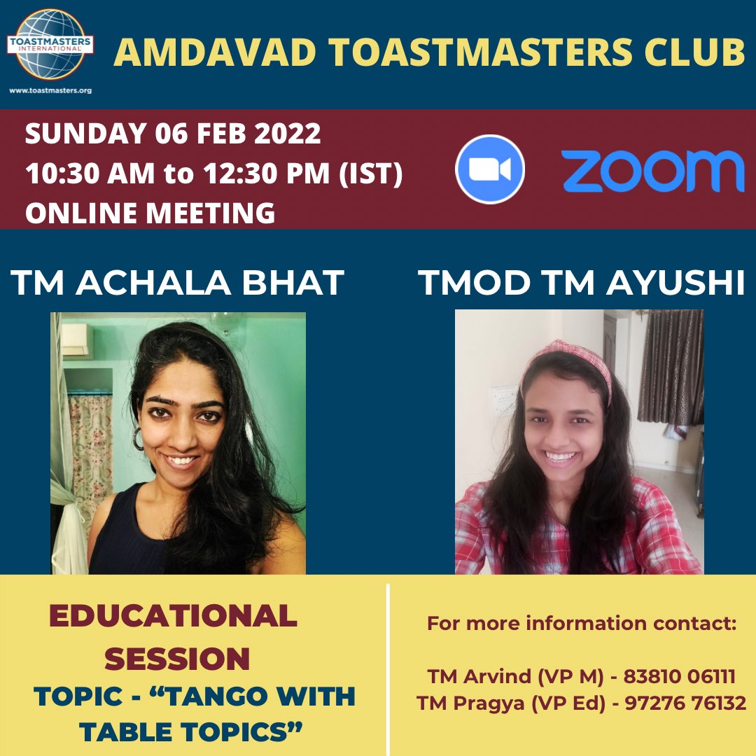 Toastmaster_ahd's tweet photo. See you all tomorrow 📱💻

*Meeting No.: #468*
*Date: 06th February 2022*
*Time: 10:30 am to 12:30 pm (IST)*
*Venue: Online (Zoom platform)*

*Meeting/Registration Link:* 
https://t.co/YXLpPF1bup

Instagram: https://t.co/cLVTYdzAGV 
Website: https://t.co/IgCxIuqaNx https://t.co/UaOf35wvws