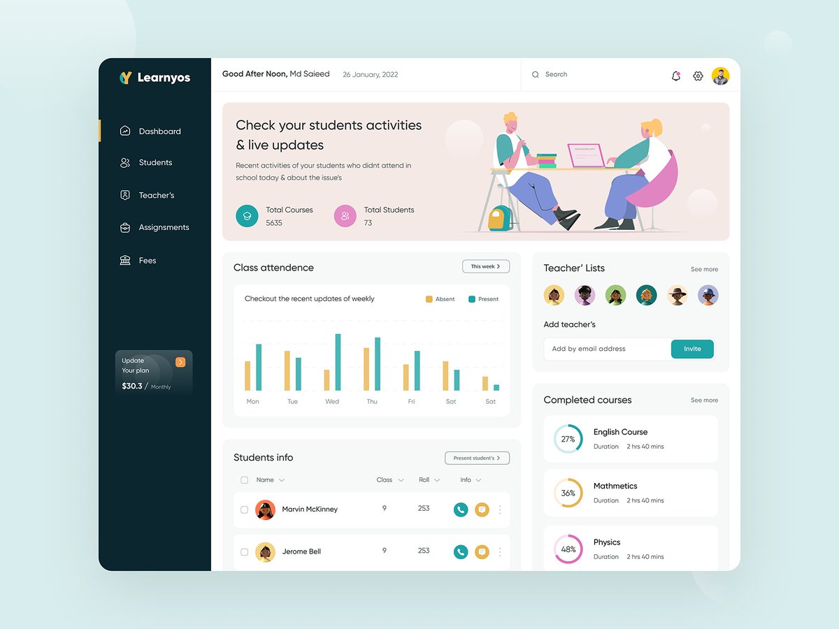 Hello, Creative Peoples

👌Checkout my dashboard UI design

✨Teacher's School Management Dashboard

dribbble.com/shots/17433709…
