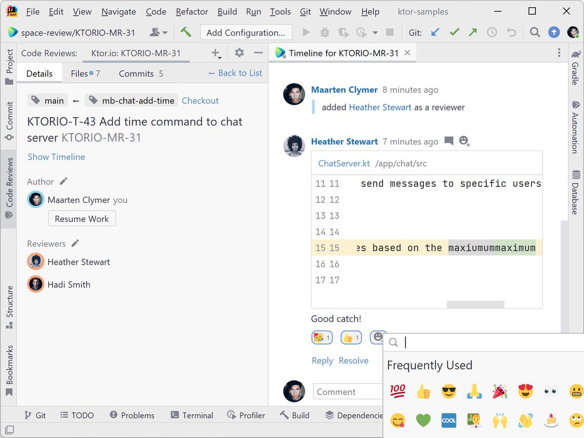 intellijidea's tweet photo. When reviewing code, communication is key, and it gets so much easier with IntelliJ IDEA 2021.3 and @JetBrains_Space!
👍You can now view and add reactions in Code Review chats in the IDE.
#IntelliJSpaceTips https://t.co/6Z7oFWjEby