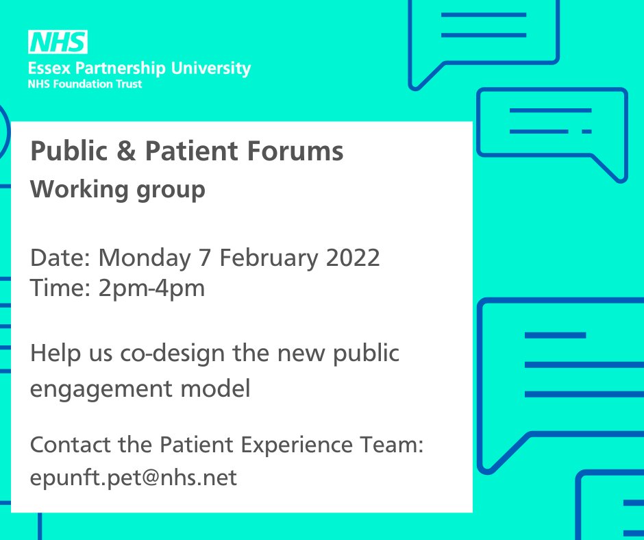 EPUTNHS's tweet photo. Have your say at our Public &amp; Patient Forums working group. Help us co-design the new public engagement model, to help improve #PatientExperience.

Monday 07 February 2022, 2pm - 4pm via MS Teams.

Email epunft.pet@nhs.net for details and to register.

#PatExp #YourVoiceMatters https://t.co/dai11xRC7P