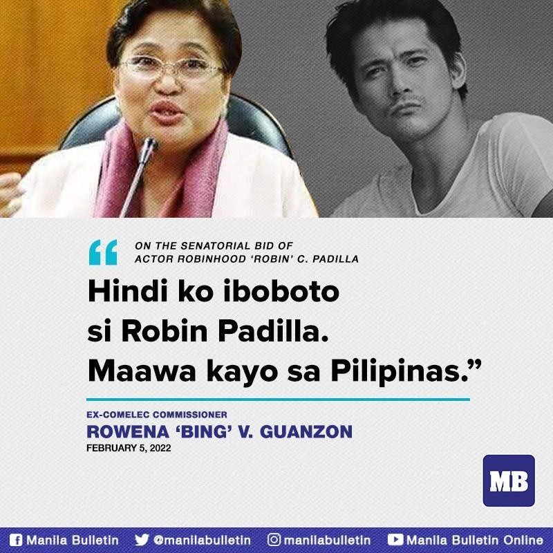 manilabulletin's tweet photo. Former Comelec Commissioner Rowena “Bing” V. Guanzon on Saturday, Feb. 5, said she will not vote for actor Robinhood “Robin” C. Padilla who is running for senator.

READ: https://t.co/yacQlvByR2 https://t.co/6I317lQUJQ
