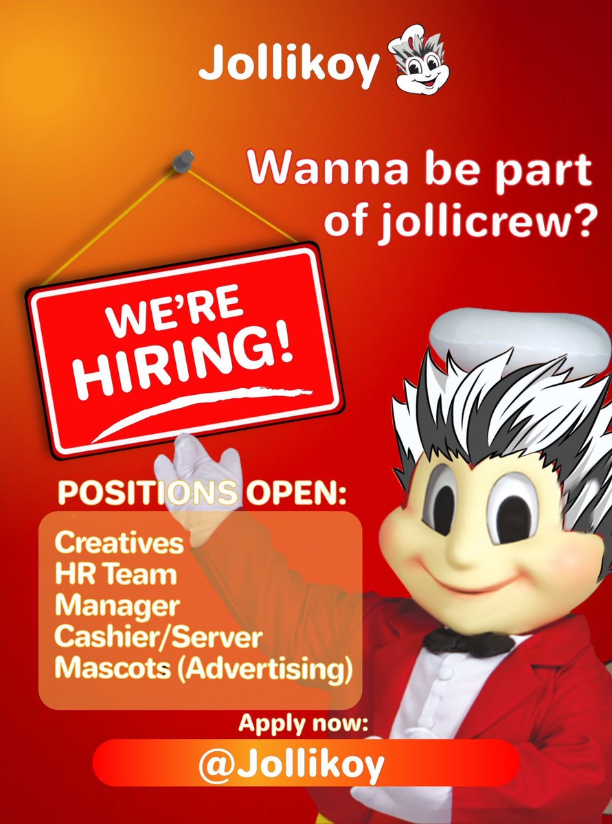 Jollikoy's tweet photo. #HQRP and #ANIRP

Jollikoy is now looking for our very own JolliCrew! Interested in joining this JolliTown Club House?

Fill up the forms below to apply to the position of your choice and what fits you most. Beeda ang saya rito kasama si Jollikoy, your RP best friend. Apply now! https://t.co/eF9b9cQ3mo