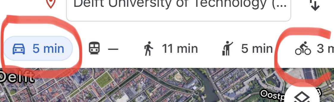The reality of travel times on short distances when proper bike infrastructure is available. 

There is no magic behind why people cycle. It’s pure logic, economics, and time savings. #Delft