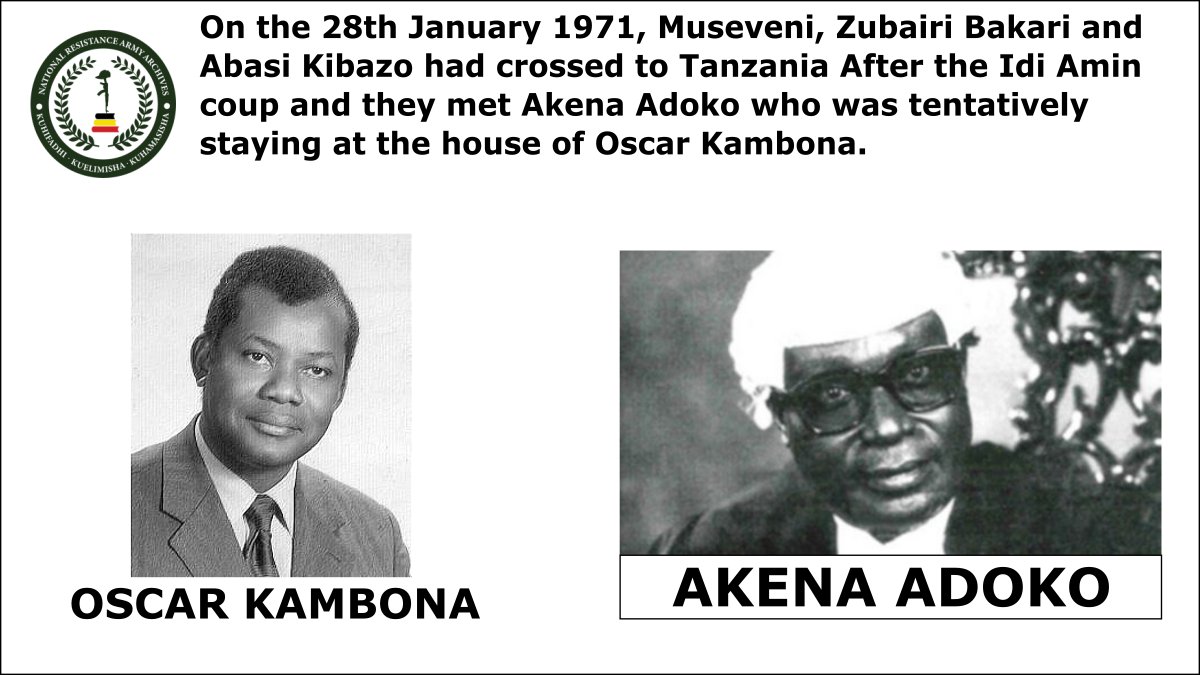 NRAArchives's tweet photo. In Tanzania @KagutaMuseveni, Abbasi Kibazo and Zubairi Bakari were picked up by Mr Mzena, head of Tanzanian Intelligence who took them in a 304 Peugeot car to Mr Kambona's house where they met Akena Adoko, Head of Obote's General Service.
#TareheSitaAt41 #NRAArchives #FRONASA https://t.co/z8IWoJkMmH