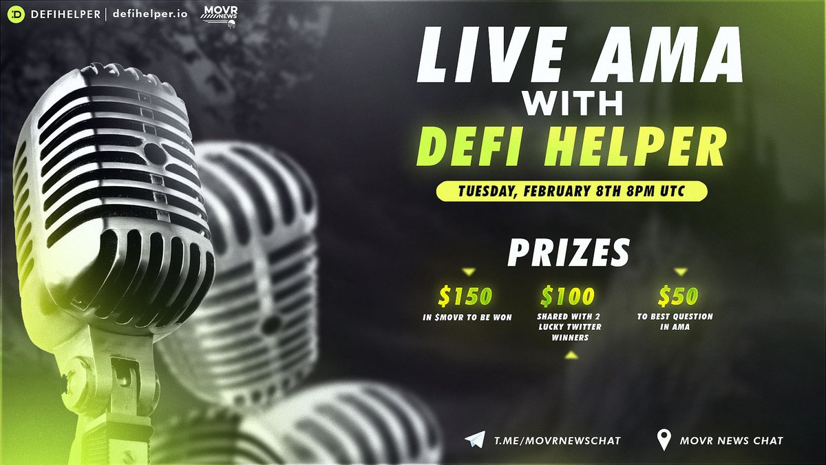 MovrNews's tweet photo. We're hosting an #AMA with @defihelper 

📆Tue, Feb 8th, 8pm UTC

💰$150 in $MOVR to be won🔥

To Participate:

✅Follow @MovrNews &amp; @defihelper 
✅Tag 1 friend
✅Like &amp; Retweet
✅Join: https://t.co/G4SPVqCPTP

#MOVRnews #MOVR #Moonriver #Giveaway #Airdrops #DeFi $DOT $KSM $GLMR https://t.co/0slDr9TSdg