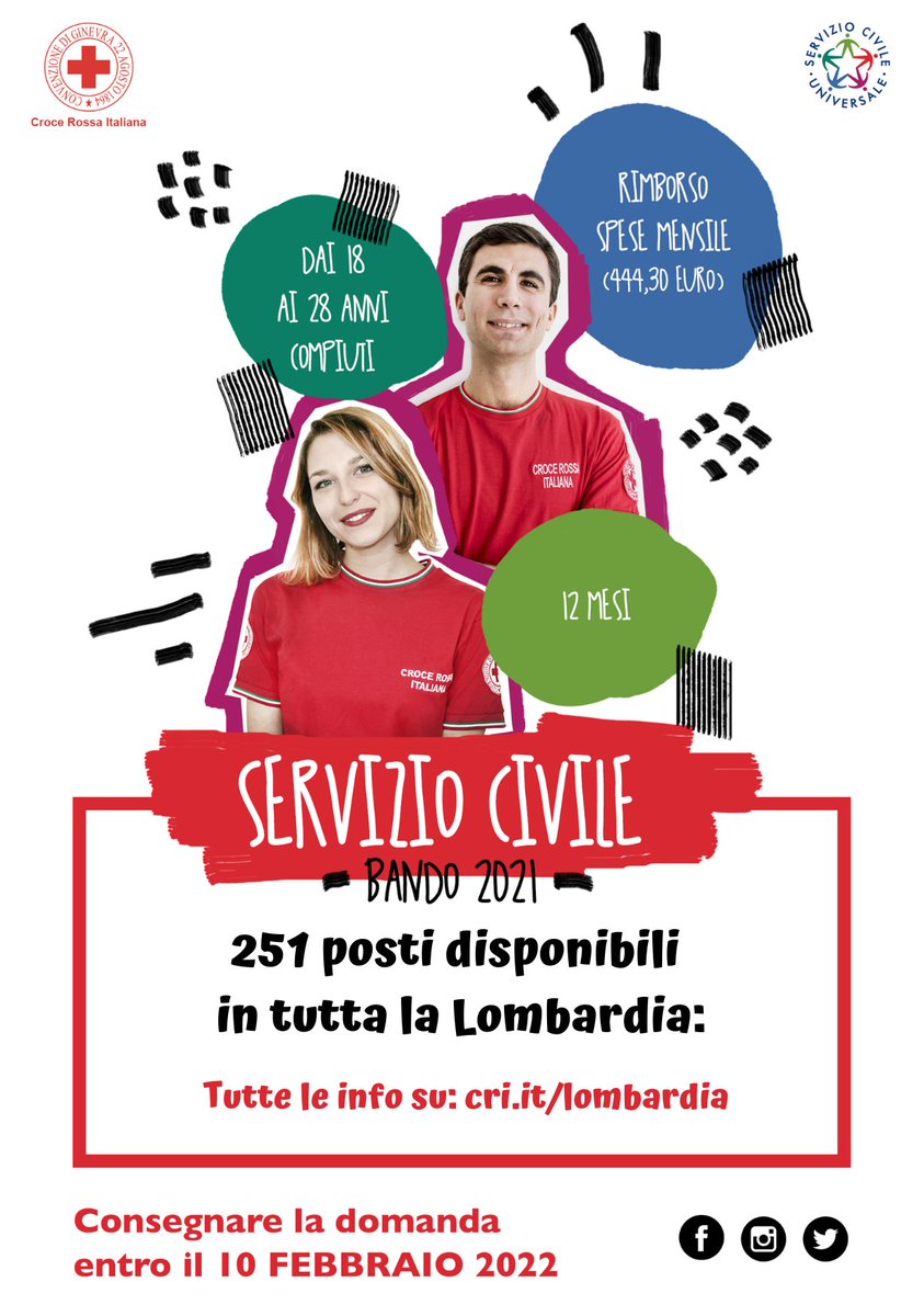 ⛑️ Vivi l'esperienza #CroceRossa per un anno. Invia la tua candidatura per il Servizio Civile ed entra a far parte della nostra Associazione. 
📍 Hai tempo fino al 10 Febbraio.
Ti aspettiamo! 
👉 Tante opportunità, progetti e posti disponibili:  cri.it/lombardia