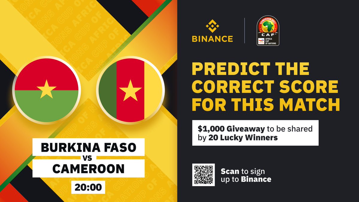BinanceAfrica's tweet photo. 🤩Predict and share in the $1000 prize pool for today's key match.

🔸RT♻️
🔸Sign up on Binance
🔸Follow @binanceafrica @binance on Twitter
🔸Predict the correct scoreline: 🇧🇫-🇨🇲
🔸Fill your entries in form👉 https://t.co/Jte1J8F7XQ

Let's go⚽️ #WhoIsBinance #AFCON2021 https://t.co/KmXZICqCU6