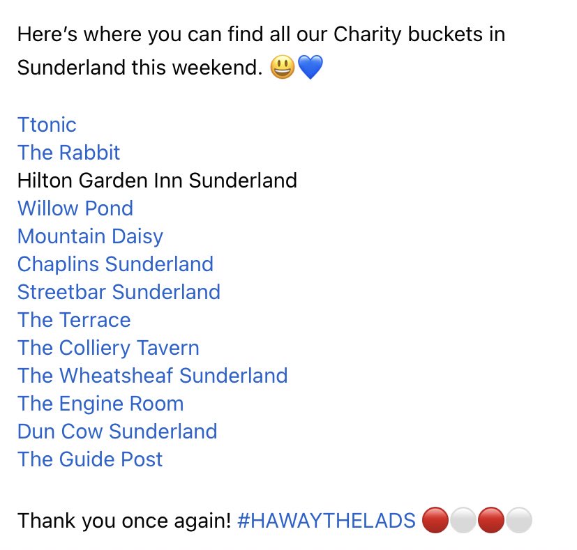 I’m afraid we can’t bucket collect today at @SunderlandAFC but we do have tubs and buckets in pubs all around the city 🔴⚪️🔴⚪️ See the picture below for where to find them ❤️
