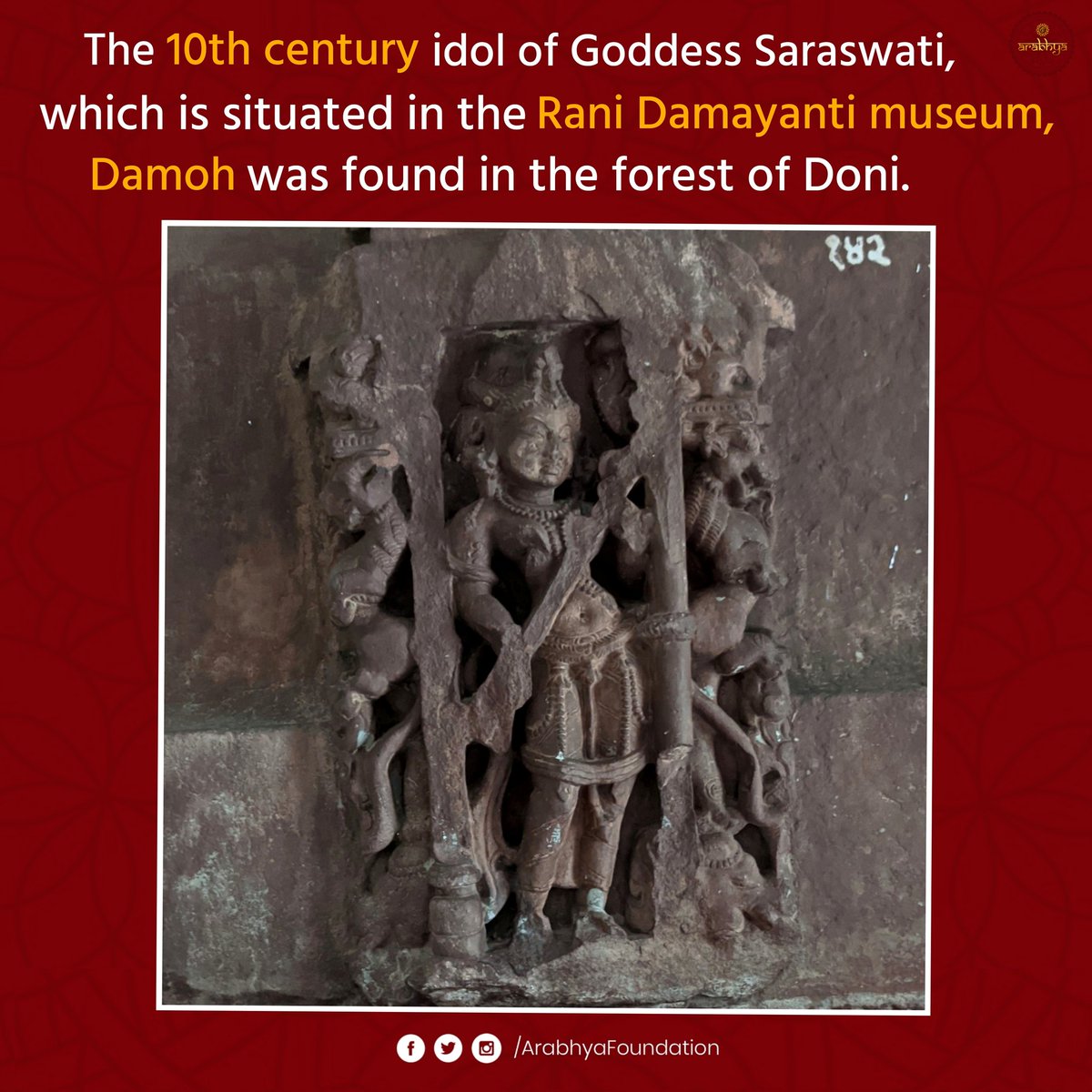 arabhya_org's tweet photo. in the Rani Damayanti Archeology of #Damoh District [M.P.], there is a statue of Mata Saraswati of the 10th-11th century. In which Mother #Saraswati is holding Veena in her hands. It is said to be the happy posture of Mother Goddess. 

#VasantPanchami2022 https://t.co/puzRJ29skO