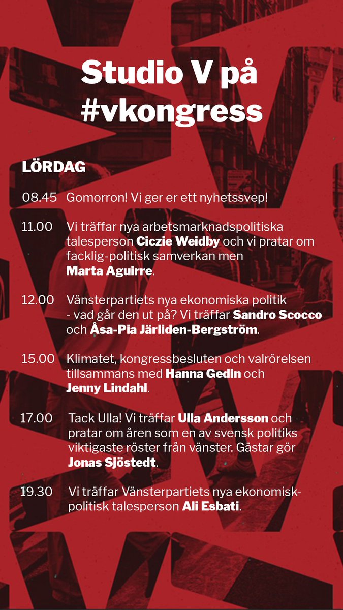 vansterpartiet's tweet photo. Ni missar väl inte intervjuer, analyser och roliga upptåg i #StudioV som sänder live i varje paus under #vkongress. Här är dagens program: https://t.co/P4C0ClpJBJ