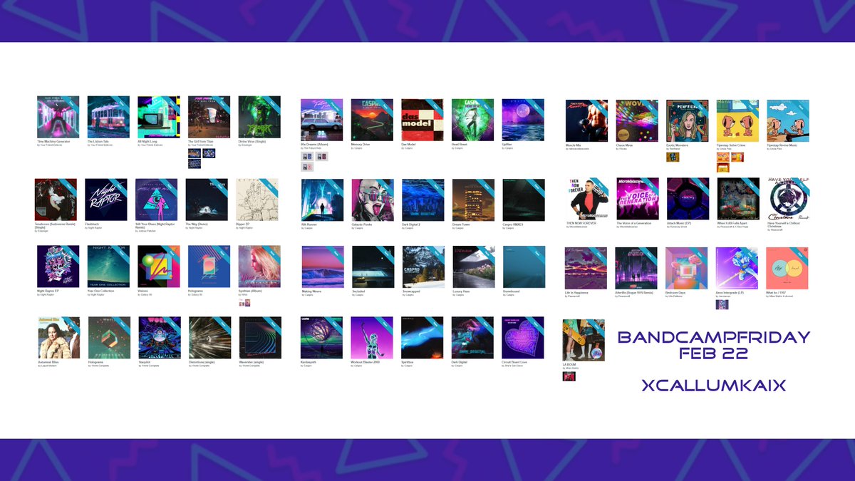 #BandcampFriday <a href="/YFEsteves/">Your Friend Esteves</a> <a href="/EssengerMusic/">Essenger</a> <a href="/TheNightRaptor/">Night Raptor</a> <a href="/Galaxy1980s/">𝐆 𝐀 𝐋 𝐀 𝐗 𝐘 | 𝟖𝟎</a> @iloveninamusic <a href="/LiquidModern/">liquidmodern.bsky.social</a> <a href="/world_complete_/">World Complete</a> <a href="/The_FutureKids/">The Future Kids</a> <a href="/CasproMusic/">Caspro</a> 1/2 💙👍