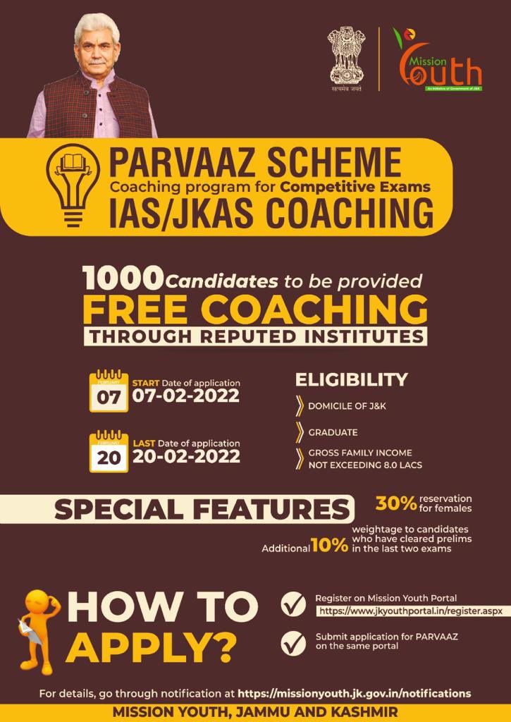 listenshahid's tweet photo. #MissionYouth: 1000 seats for free Coaching in reputed institutions. 30% seats reserved for #Female aspirants! Apply online by 20 Feb. Flagship initiative launched by Hon’ble @OfficeOfLGJandK 👇 https://t.co/WM63Cjq4Hl