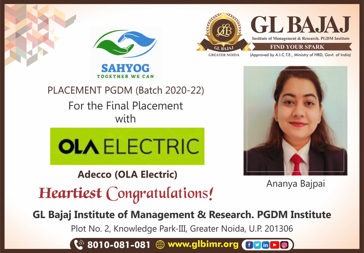 glbajajimr's tweet photo. GLBIMR.PGDM Institute, Greater Noida congratulates Ananya Bajpai of PGDM Batch (2020-22) for her final placement in OLA Electric, Adecco (OLA Electric).
#GLBajaj #GLBajajInstitute #GLBIMR #PGDM #DrSapnaRakesh #PGDMPlacements #Congratulations #careers #Placement #GLBajajPlacement https://t.co/7SkYnyQcN4